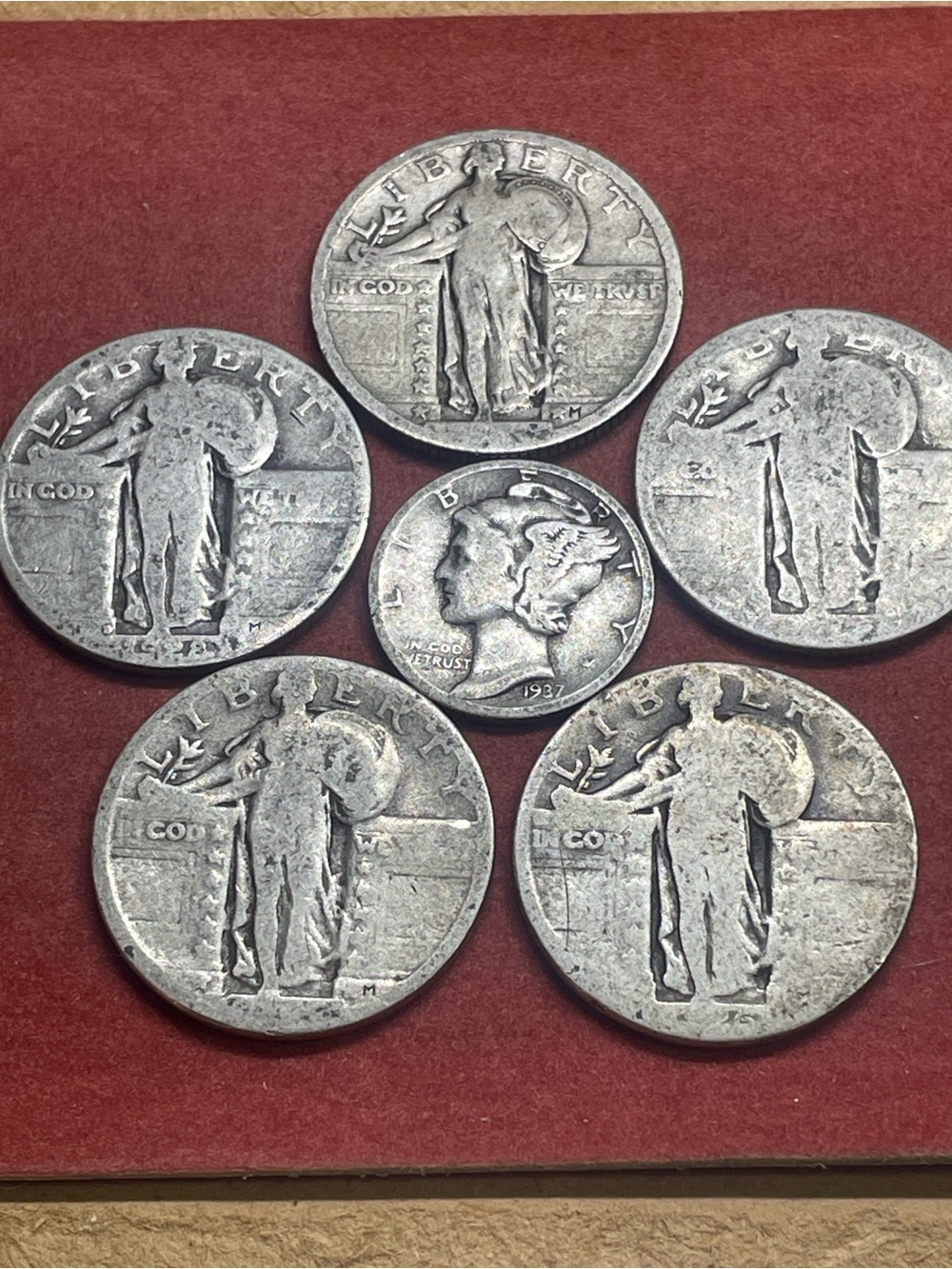 Lot of 5 Standing Liberty Quarters 1 1937 Mercury Dime 90% Silver